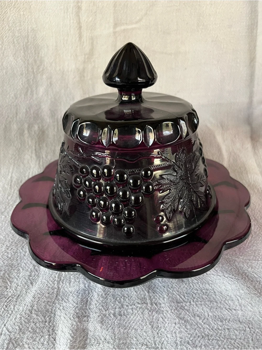 Vintage Mosser Amethyst Glass Covered Butter Dish with Grape design/ Fairy Lamp